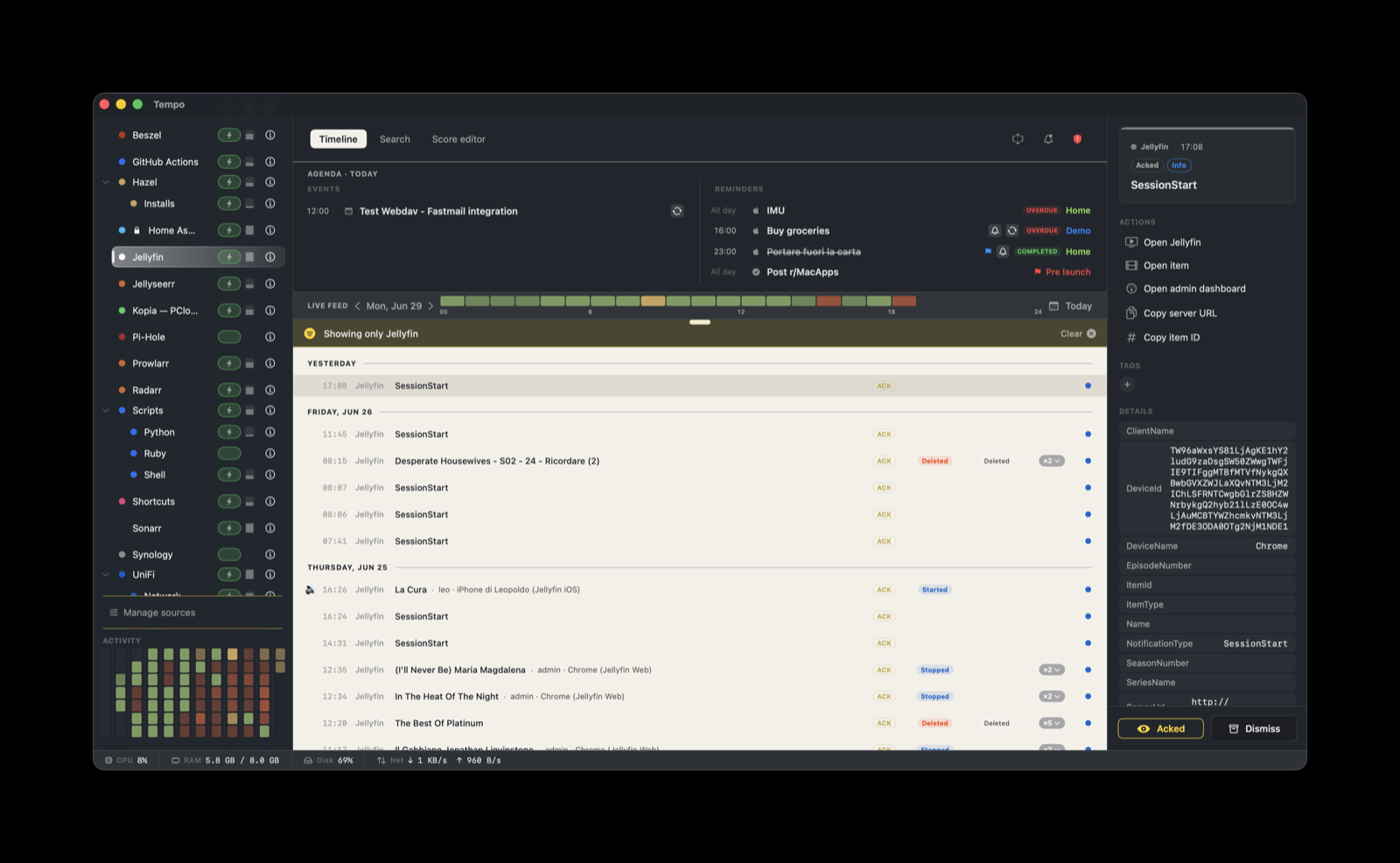 Jellyfin events on the Tempo timeline