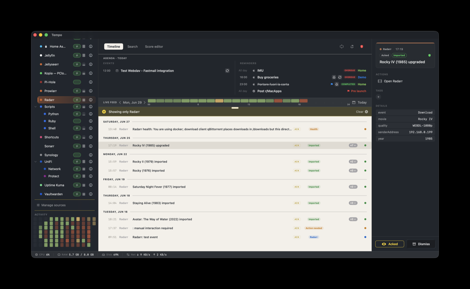 Radarr events on the Tempo timeline