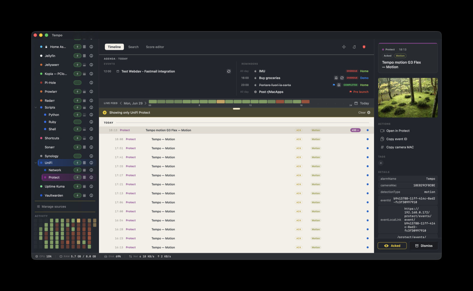 UniFi Protect events on the Tempo timeline