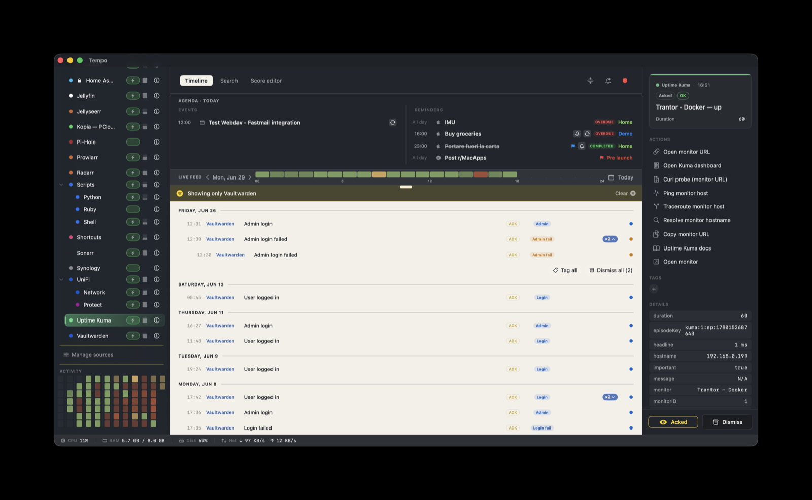 Uptime Kuma monitors on the Tempo timeline